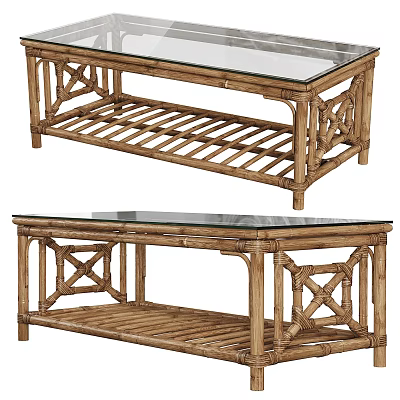 Natural Rattan Coffee Table With Glass Top And Woven Design Structure 3d model