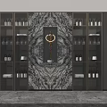 Modern Wine Cabinet Interior With Marble Backdrop Gold Decorative Ornament Wine Bottles And Glasses
