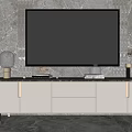 Elegant Modern TV Stand With White Cabinet Gold Handles Marble Top And Decorative Items