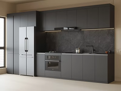 Modern Kitchen Sideboard Interior Design With Gray Cabinets Black Backsplash And Countertop 3d model