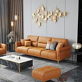 Modern Orange Leather Sofa Set with Marble Coffee Table and Geometric Wall Decor 3d model