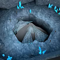 Enchanting Cave Interior With Glowing Blue Butterflies And Metallic Framework Structure 3d model