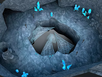 Enchanting Cave Interior With Glowing Blue Butterflies And Metallic Framework Structure 3d model