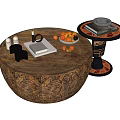 Carved Wooden Round Coffee Table With Oranges Books Cups And Decorative Side Table