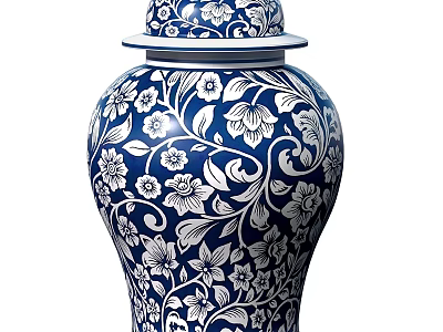 Traditional Blue and White Porcelain Vase With Lid And Floral Vine Patterns 3d model