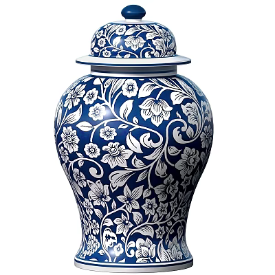 Traditional Blue and White Porcelain Vase With Lid And Floral Vine Patterns 3d model
