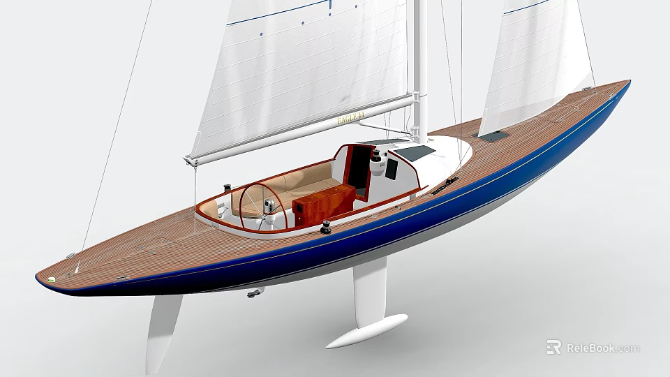 Sailboat With White Sails Wooden Deck Blue Hull And Brown Cockpit Interior 3d model 