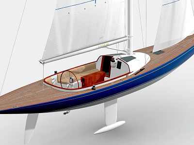 Sailboat With White Sails Wooden Deck Blue Hull And Brown Cockpit Interior 3d model