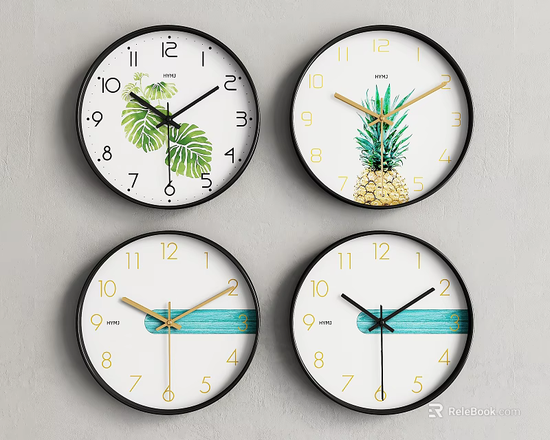 Modern Decorative Wall Clocks With Leaf Pineapple And Blue Stripe Patterns 3d model 