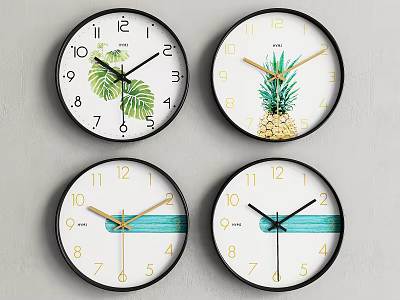 Modern Decorative Wall Clocks With Leaf Pineapple And Blue Stripe Patterns 3d model