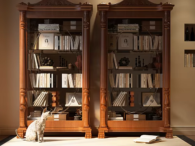 Vintage Wooden Bookcase With Glass Doors Containing Books And Decorations Near Cat And Open Book 3d model