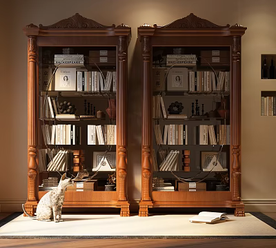 Vintage Wooden Bookcase With Glass Doors Containing Books And Decorations Near Cat And Open Book 3d model