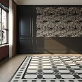 Square Black And White Geometric Rug In Elegant Living Room