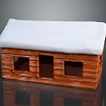 Cozy Log Cabin Building With Snow Covered Roof Featuring Wooden Windows And Door