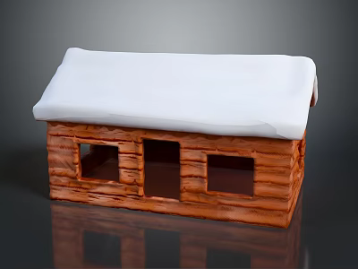 Cozy Log Cabin Building With Snow Covered Roof Featuring Wooden Windows And Door 3d model