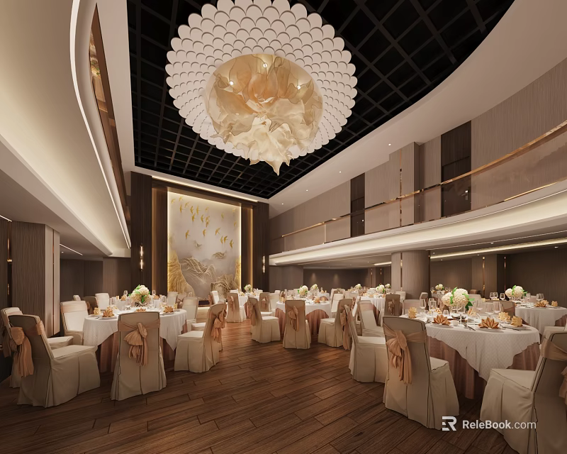 Banquet Hall Interior With Elegant Chandelier Round Tables White Tablecloths Chair Sashes And Wooden Flooring 3d model 