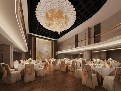 Banquet Hall Interior With Elegant Chandelier Round Tables White Tablecloths Chair Sashes And Wooden Flooring 3d model
