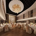 Banquet Hall Interior With Elegant Chandelier Round Tables White Tablecloths Chair Sashes And Wooden Flooring