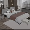 Double Bed in Modern Bedroom Featuring Nightstand Lamp Large Window View Wardrobe and Bench 3d model