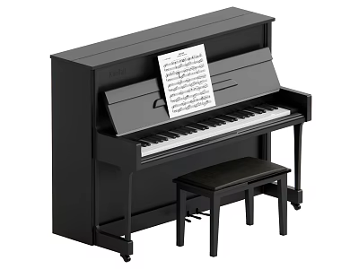 Classic Black Upright Piano With Sheet Music And Piano Bench For Music Room 3d model