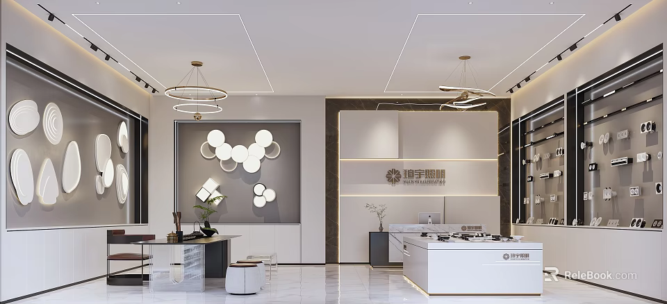 Elegant Modern Showroom Interior With Circular Wall Decor Ceiling Lights Display Counter And Brand Logo 3d model 