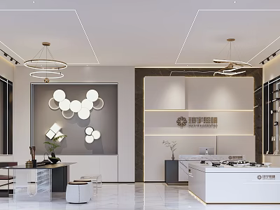 Elegant Modern Showroom Interior With Circular Wall Decor Ceiling Lights Display Counter And Brand Logo 3d model
