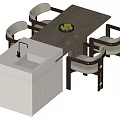 Modern Wooden Dining Table Set With Four Armchairs White Countertop And Fruit Bowl