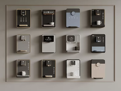 Various Stylish Coffee Machines Arranged in Grid Frame with Diverse Designs 3d model