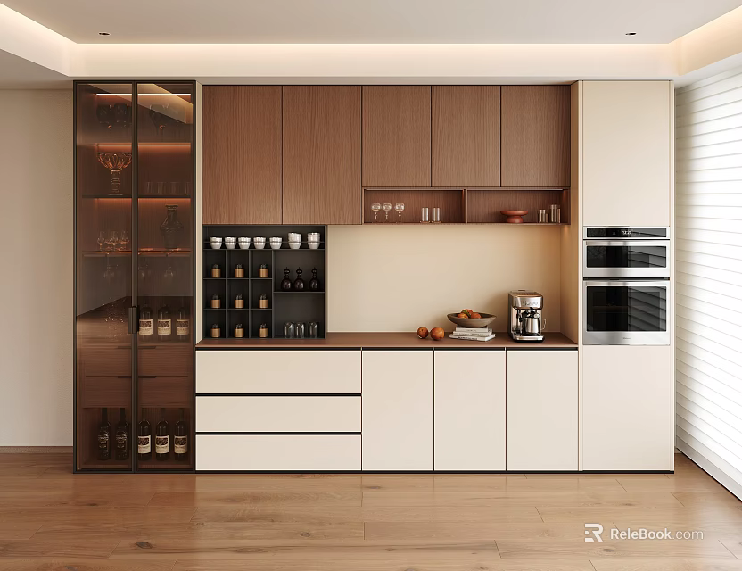 Modern Kitchen Area With Glass Door Wine Cabinet Wooden Cabinets And Appliances 3d model 