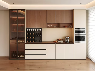 Modern Kitchen Area With Glass Door Wine Cabinet Wooden Cabinets And Appliances 3d model