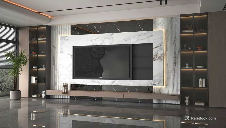 Modern TV Background Wall Design With Marble Panel Built-in TV And Lighting 3d model