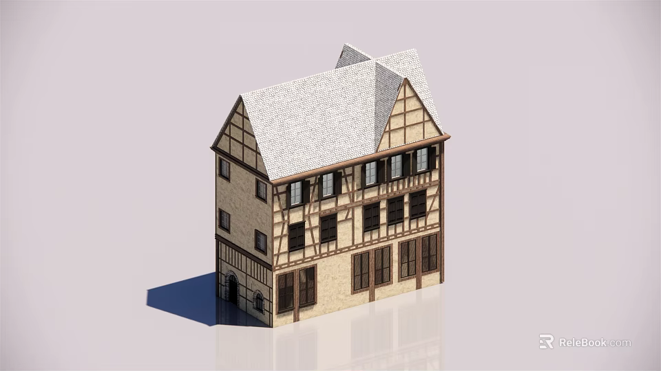 Detached House Exterior With Half Timbered Structure Sloped Roof And Multiple Windows 3d model 