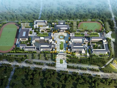 School Buildings On Campus With Central Courtyard And Green Sports Fields Surrounded By Trees 3d model