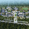 School Buildings On Campus With Central Courtyard And Green Sports Fields Surrounded By Trees