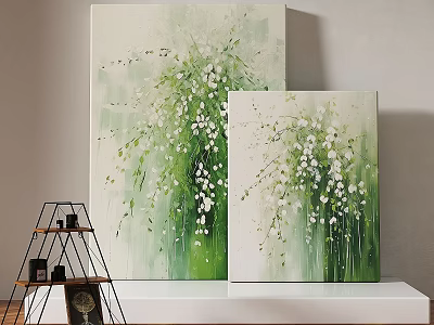 Two Panel Plant Paintings With Green Leaves And White Flowers Canvas Art 3d model
