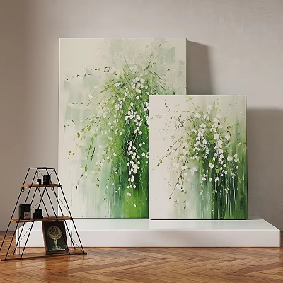 Two Panel Plant Paintings With Green Leaves And White Flowers Canvas Art 3d model