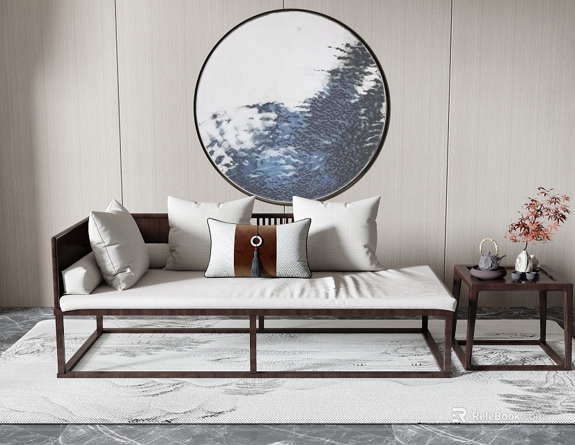 Modern Chinese Chaise Lounge With Pillows Circular Wall Painting And Side Table On Rug 3d model 