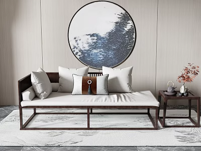 Modern Chinese Chaise Lounge With Pillows Circular Wall Painting And Side Table On Rug 3d model