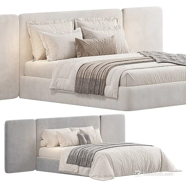 Modern Upholstered Double Bed With Plush Headboard Soft Pillows And Striped Blanket 3d model 