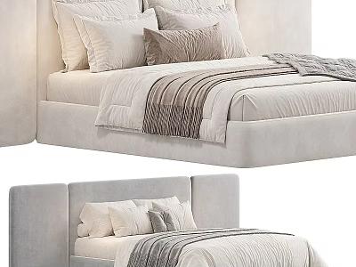 Modern Upholstered Double Bed With Plush Headboard Soft Pillows And Striped Blanket 3d model