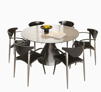 Modern Round Dining Table with Six Black Chairs Fruit Bowl and Open Book 3d model