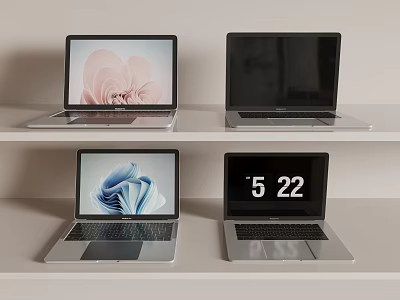 Multiple Modern Laptops Displaying Different Screen Visuals On White Shelves Setup 3d model