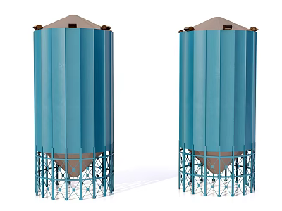 Industrial Silos With Blue Exterior And Conical Tops On Metal Support Structures 3d model