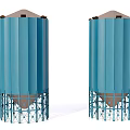Industrial Silos With Blue Exterior And Conical Tops On Metal Support Structures