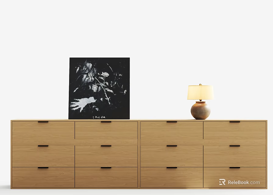 Modern Minimalist Wooden Dresser With Black White Painting And Table Lamp 3d model 