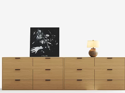Modern Minimalist Wooden Dresser With Black White Painting And Table Lamp 3d model