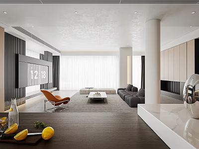 Modern Living Dining Interior Design With Grey Sofa Orange Accent Chair And Wooden Coffee Table 3d model