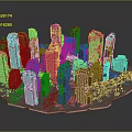 Miniature Urban Cityscape Model Featuring Tall Skyscrapers And Detailed Buildings