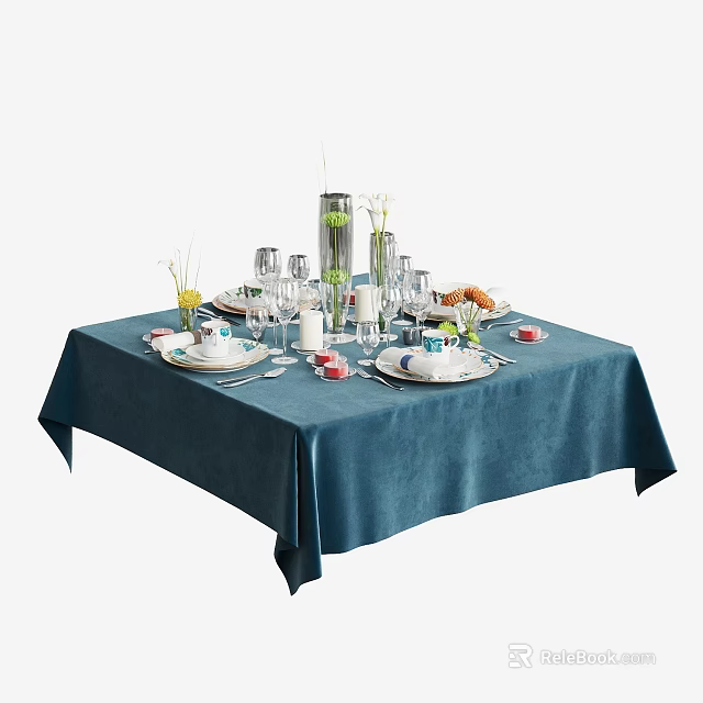 Elegant Dinnerware Set on Dark Blue Tablecloth with Plates Cups Vases and Food Items 3d model 