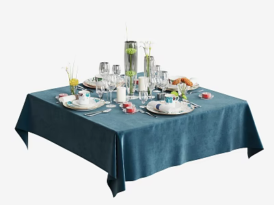 Elegant Dinnerware Set on Dark Blue Tablecloth with Plates Cups Vases and Food Items 3d model
